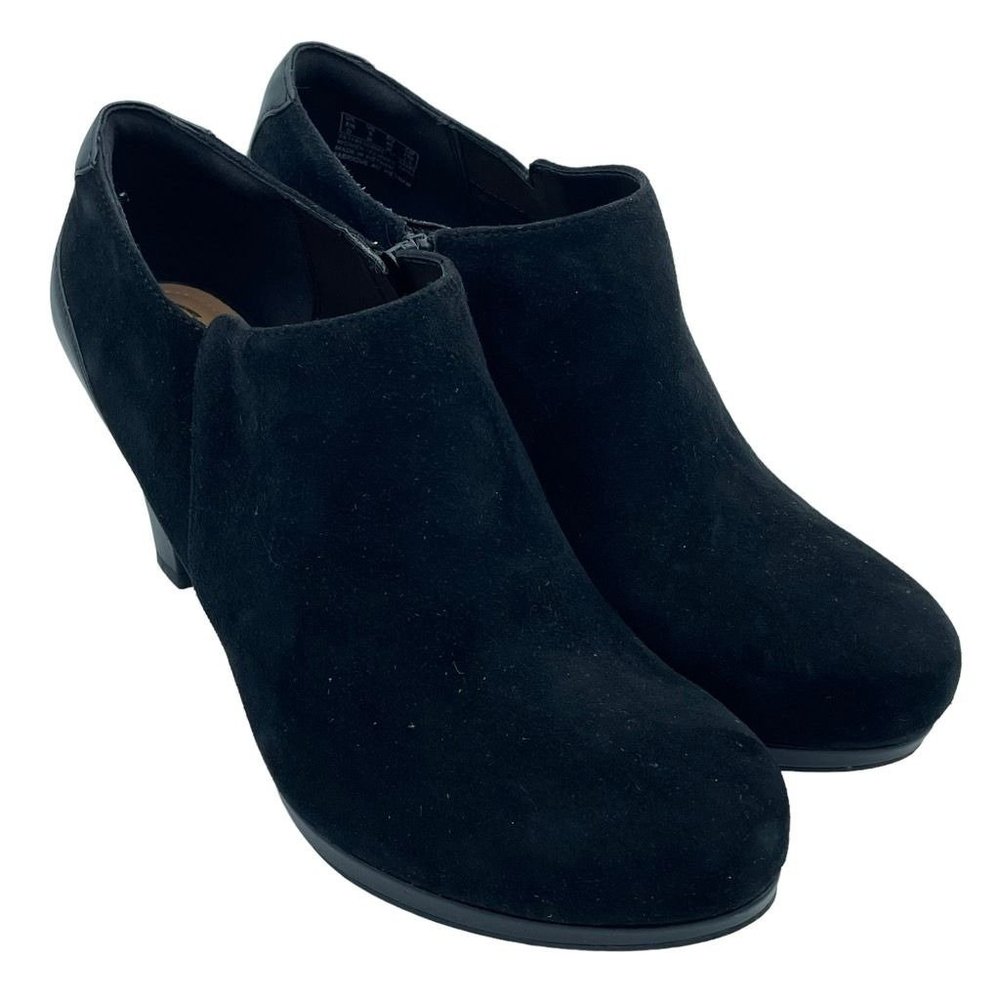 Clarks Womens Bootie Heels Black Suede High Narrow Heels Almond Toe Zipper 9 M